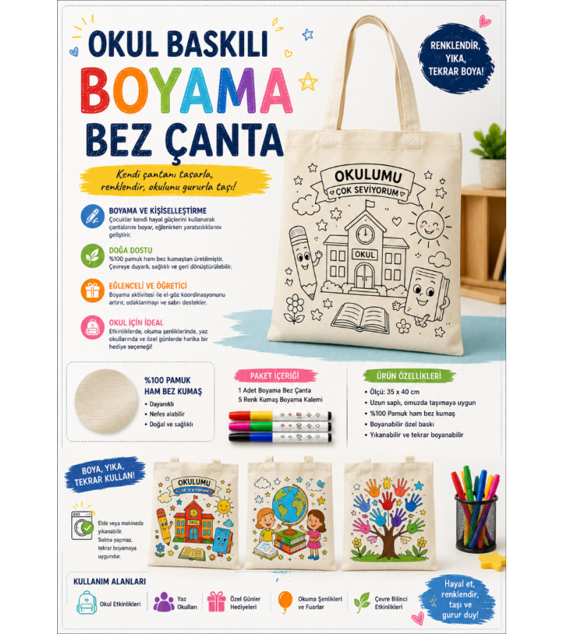 Okul Hediyeleri - boyama bez çanta
