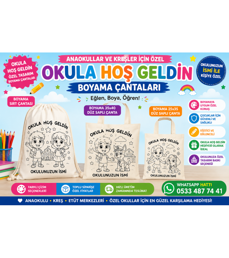 Okula hoşgeldin boyama bez çanta Okula hoşgeldin boyama bez çanta