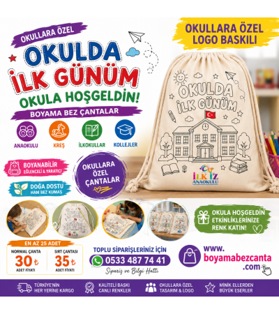 okulda ilk günüm boyama bez çantalar
