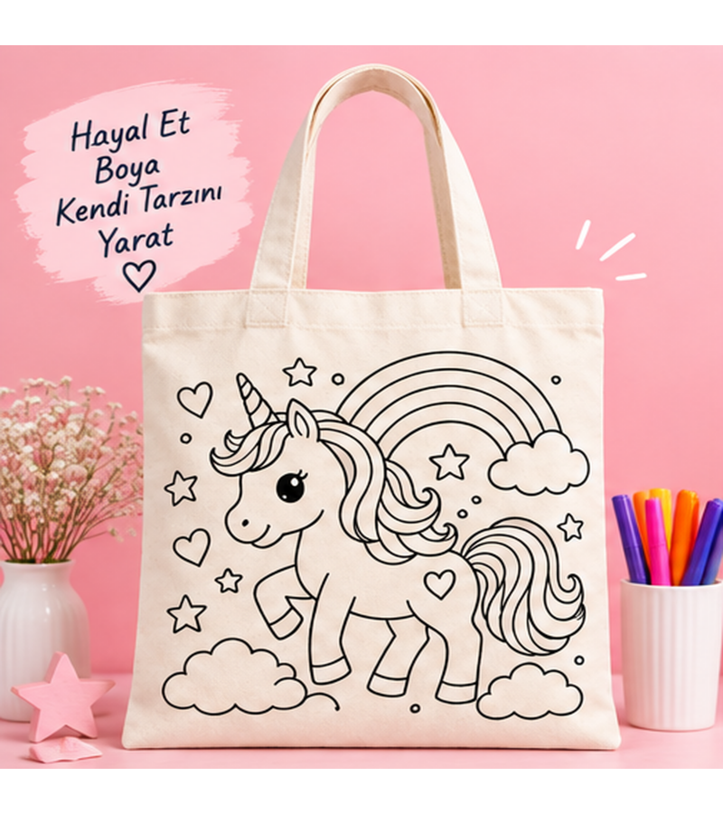 Unicorn baskılı boyanabilir ham bez çanta Unicorn baskılı boyanabilir ham bez çanta