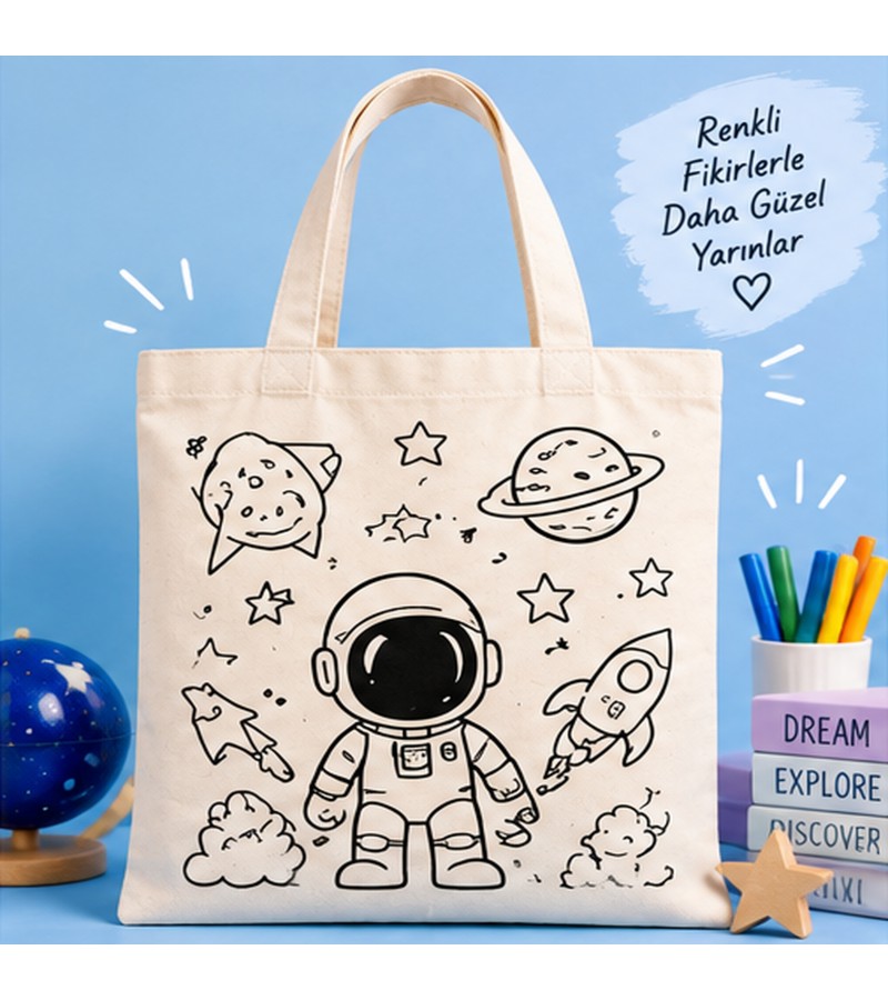 Astronot baskılı ham bez boyanabilir çanta