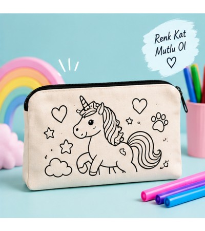 Unicorn baskılı boyanabilir ham bez kalemlik